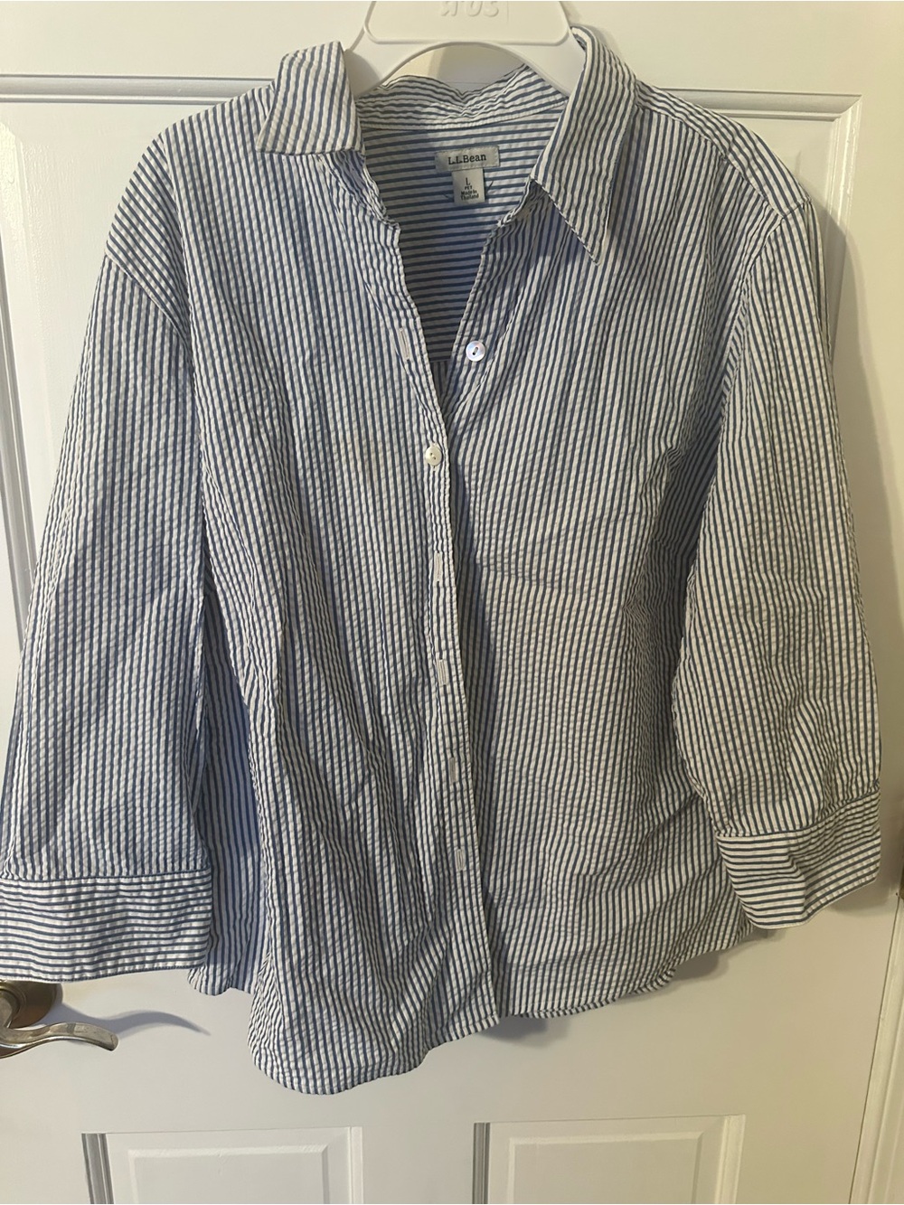 L.L. Bean Navy and White Seersucker Stripe Button-Down Shirt